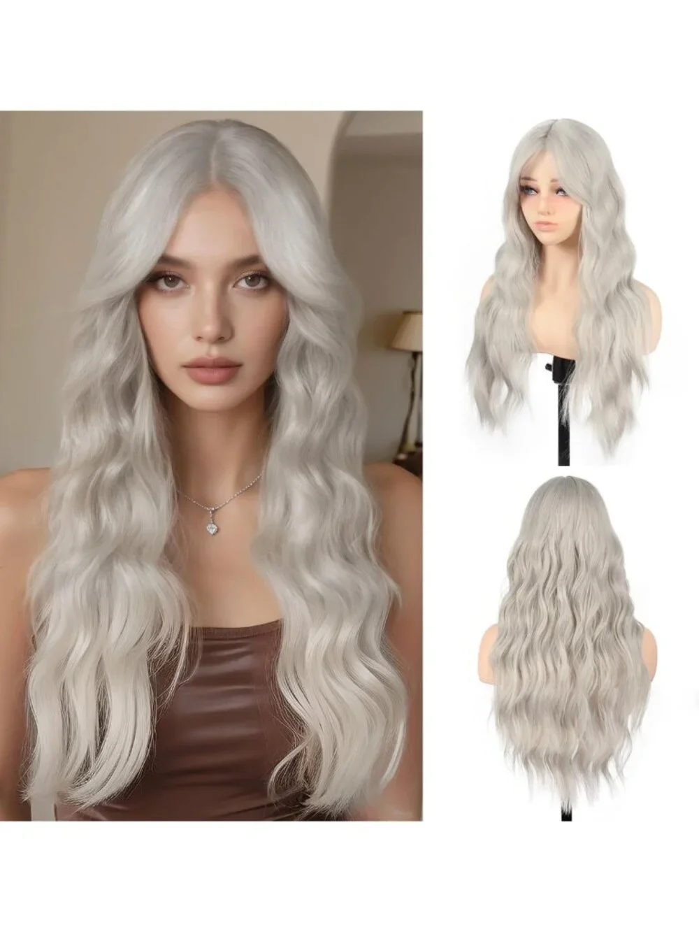 Long Wavy Gray Wig with Curtain Bangs - 26 Inch Silver Grey Hair for Women